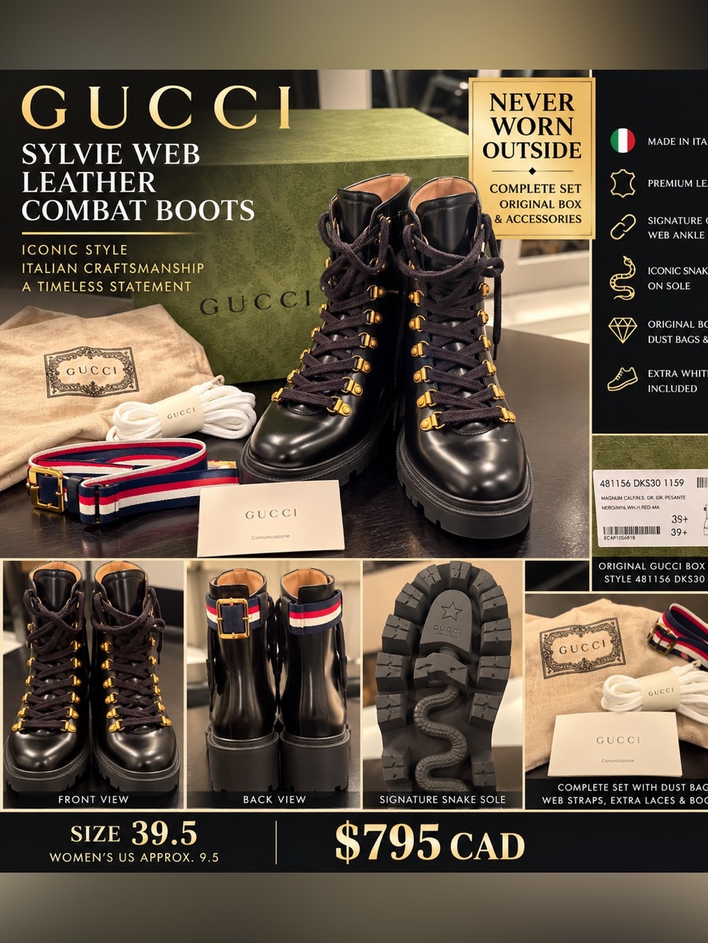 Gucci Black Leather Sylvie Web Combat Boots with Gold Hardware